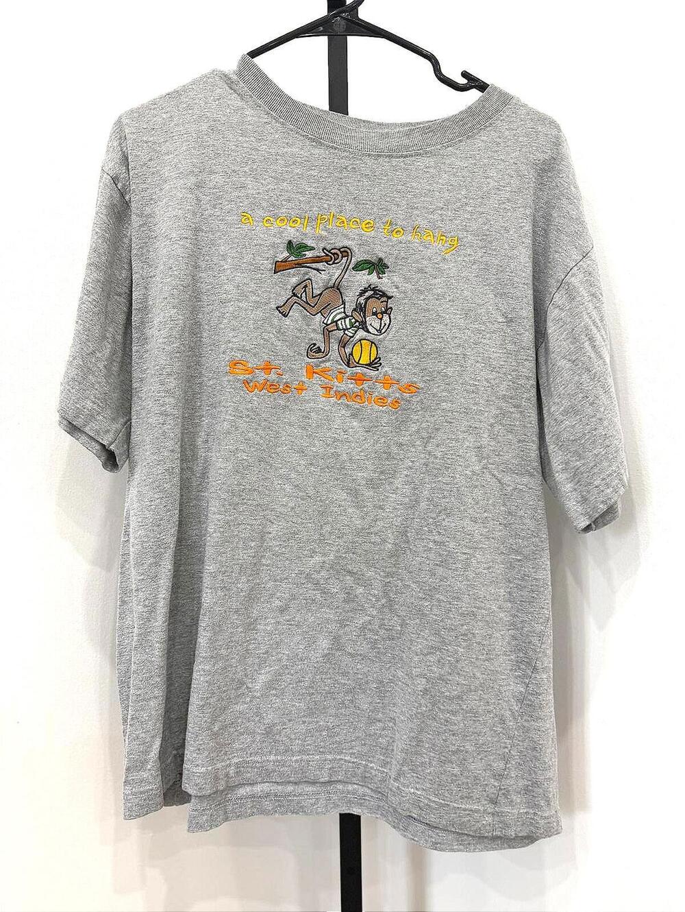 Gray Graphic T-Shirt with Monkey Design L St. Kitts Vacation Tee